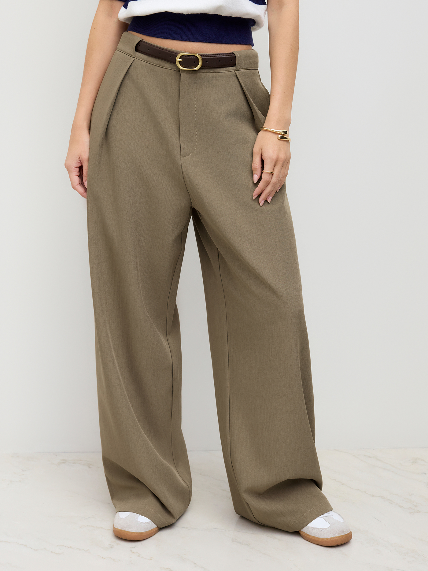 【HI FI FNK】Mode Belted Wide Trousers Woven Belted Wide Leg Trousers For Work