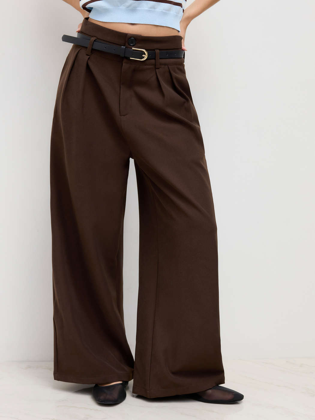 Old Money Style Woven Belted High Waisted Pleated Trousers For