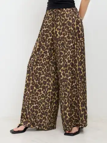Mittlerer Bund, elastische Taille, Leopardmuster, breite Beine Hosen