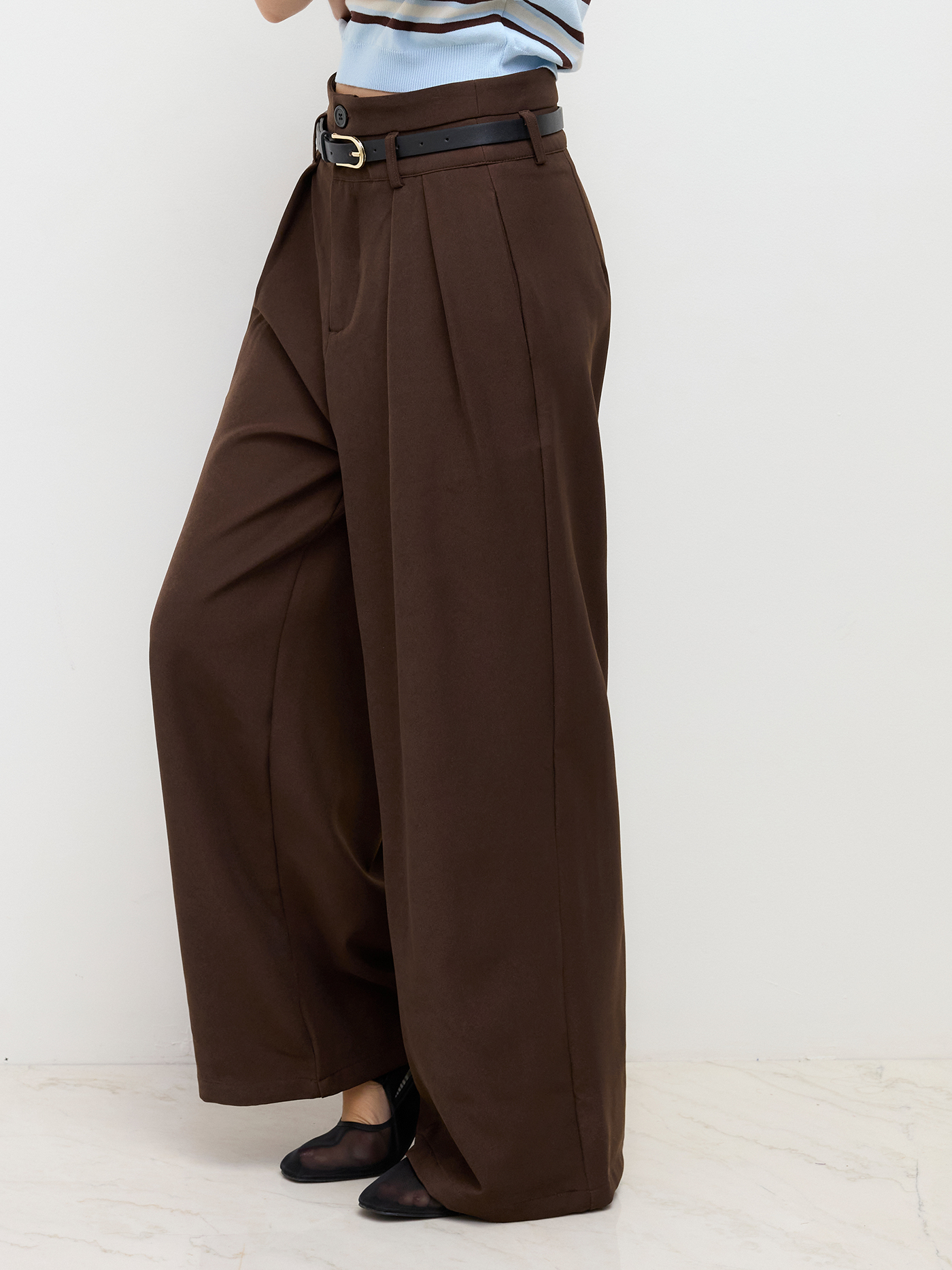 Belted Pleated Wide Leg Trousers