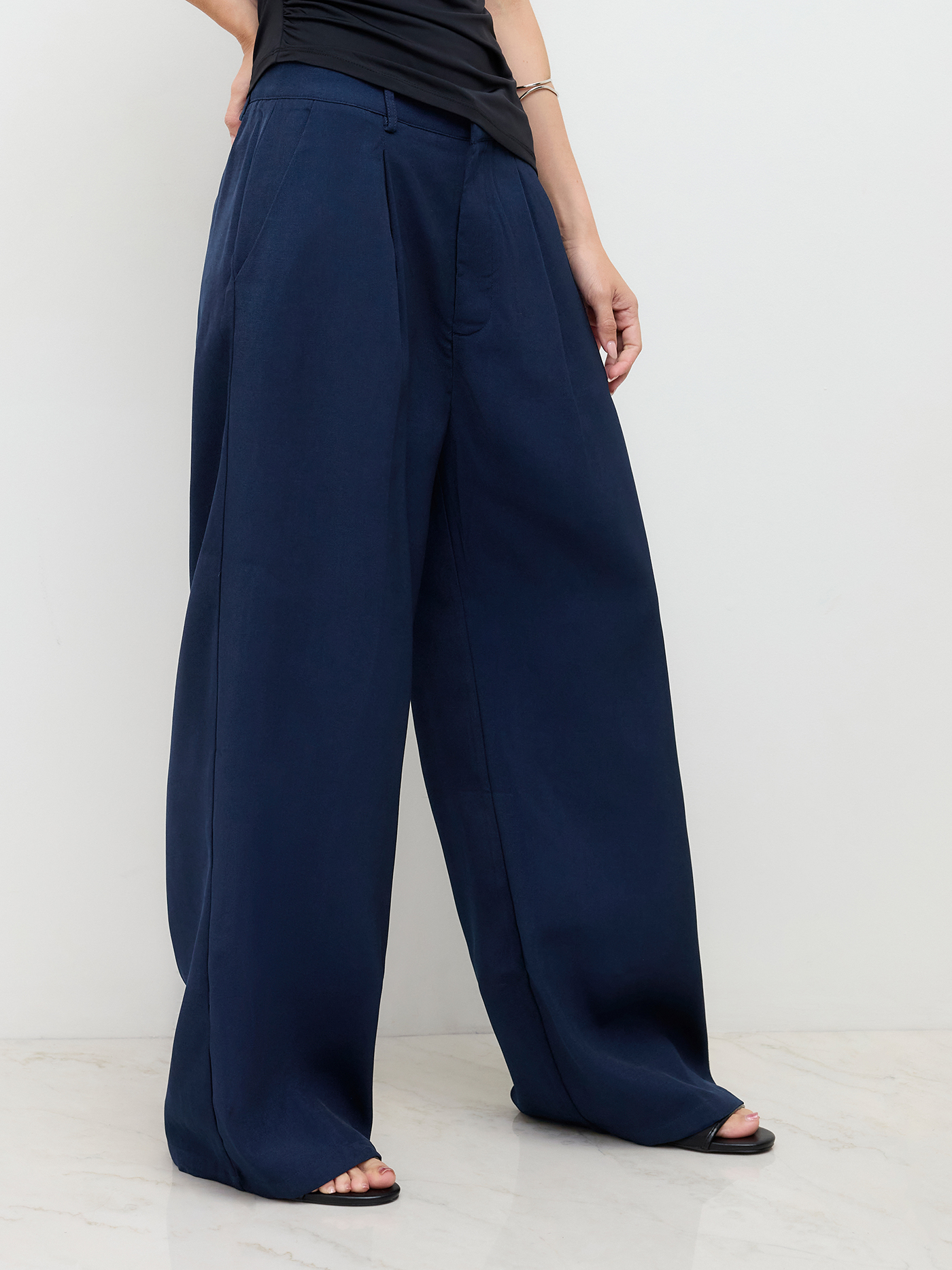 Wide Leg Pants Woven Mid Rise Straight Leg Pleated Trouser