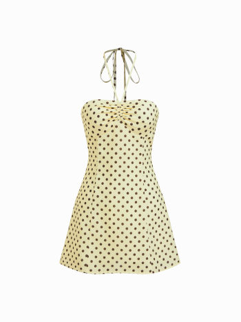 Halter Neckline Polka Dot Drawstring Mini Dress