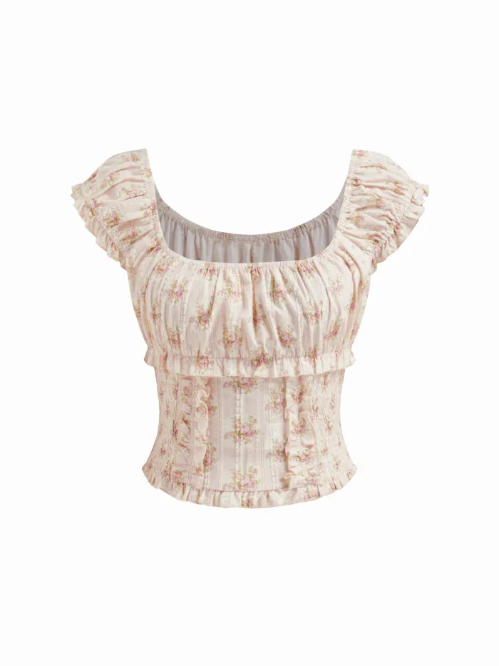 Square Neck Solid Knotted Shirred Short Sleeve Blouse