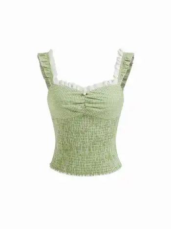 Baumwollmischung Gingham Sweetheart-Halsausschnitt Shirred Broderie Anglaise Rand Crop Top