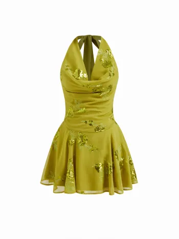 Chiffon Halter-Ausschnitt Sequined Blumenkleid Mini