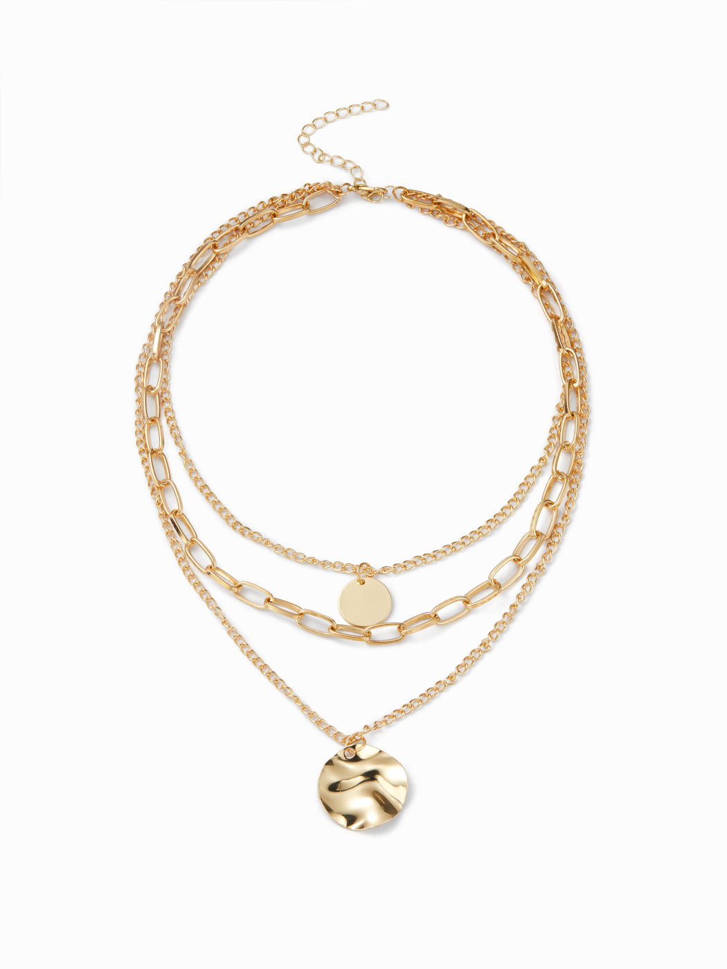 TRIPLE-LAYERED TEXTURED DISC PENDANT CHAIN NECKLACE