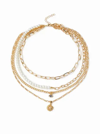 Mehrschichtige Halskette mit Sonne, Mond, Strass, Augen, Faux-Perlen und Kette