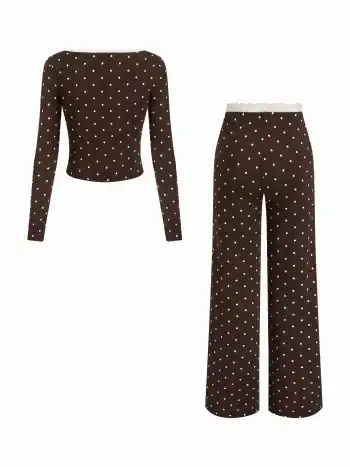 Completo Loungewear Top in misto cotone con pois, fiocco in pizzo e pantaloni a gamba dritta a vita media con finiture a lattuga
