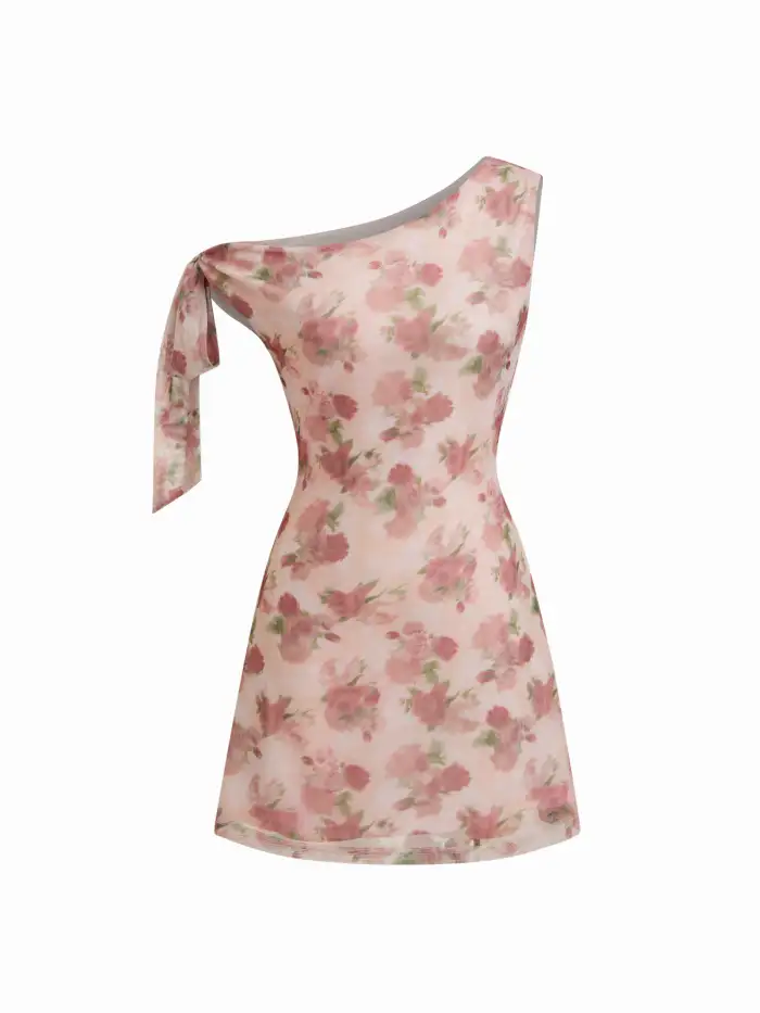 asymmetrical neck knotted mini dress rush outfits Mesh Floral For Date Cicinia Little White Dresses FINAL SALE enhancing the chic and Color:Veiled Rose