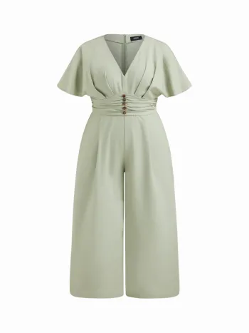 Leinen-Mischung V-Ausschnitt Rippen Dolman Ärmel Overalls Kurve & Plus