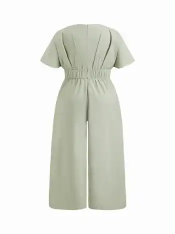 Leinen-Mischung V-Ausschnitt Rippen Dolman Ärmel Overalls Kurve & Plus