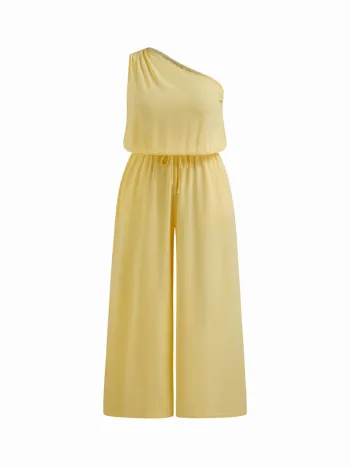 Asymmetrisch halsiges Leinenmischung-Jumpsuit mit Zugbändern Kurve & Plus