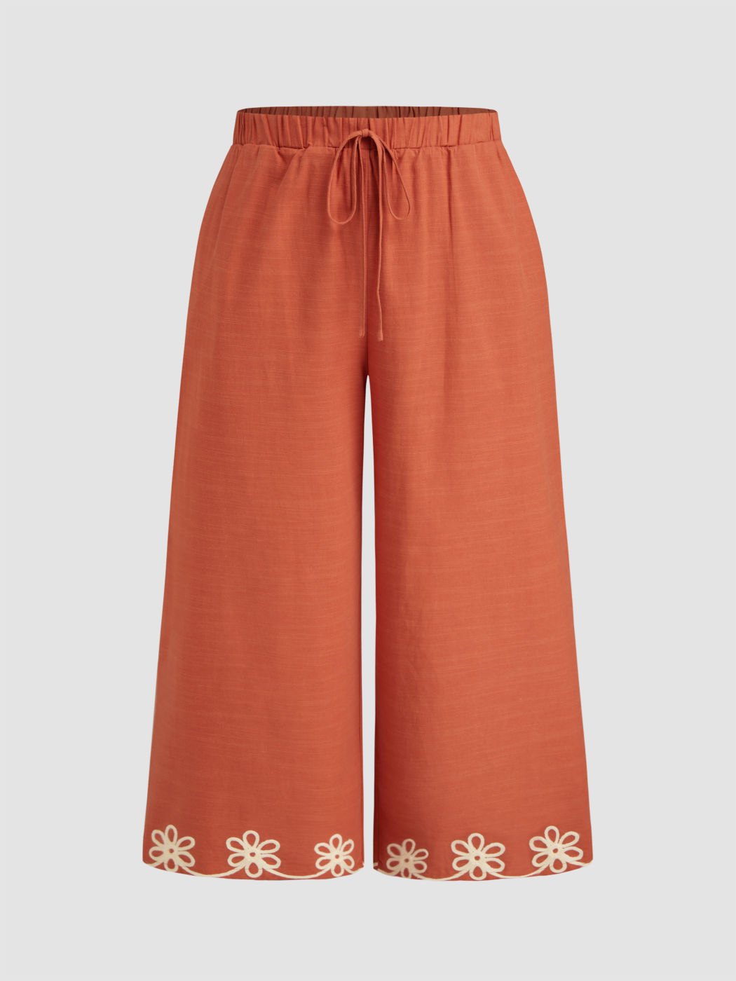 Pantaloni ampi a gamba larga con elastico in vita a fiori a vita media in misto cotone Curve & Plus