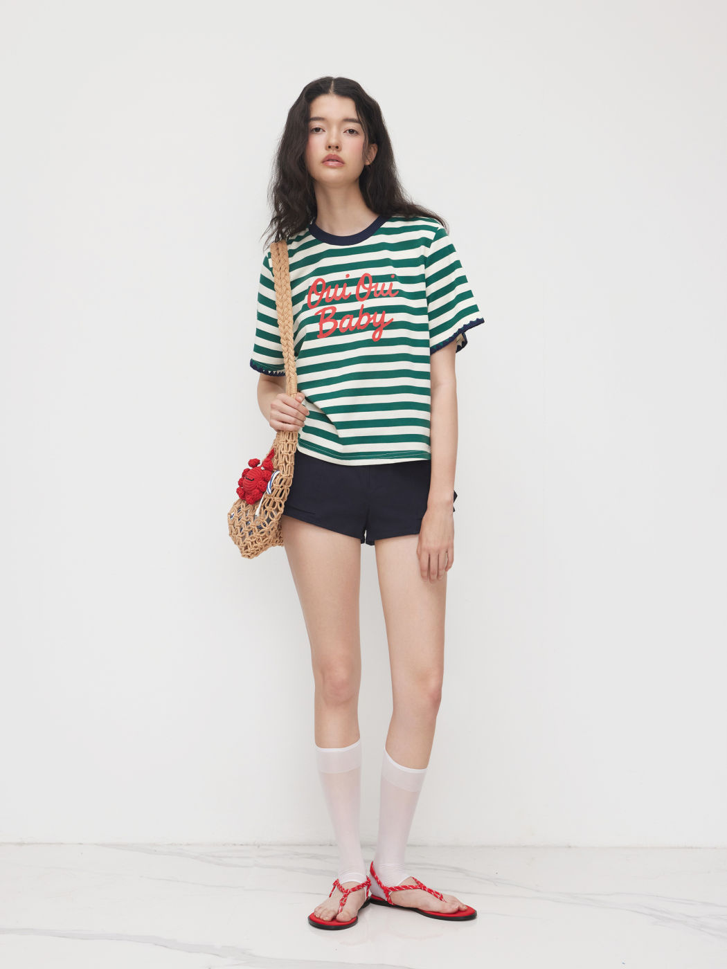 Cotton-blend Round Neckline Stripe Oversized Tee