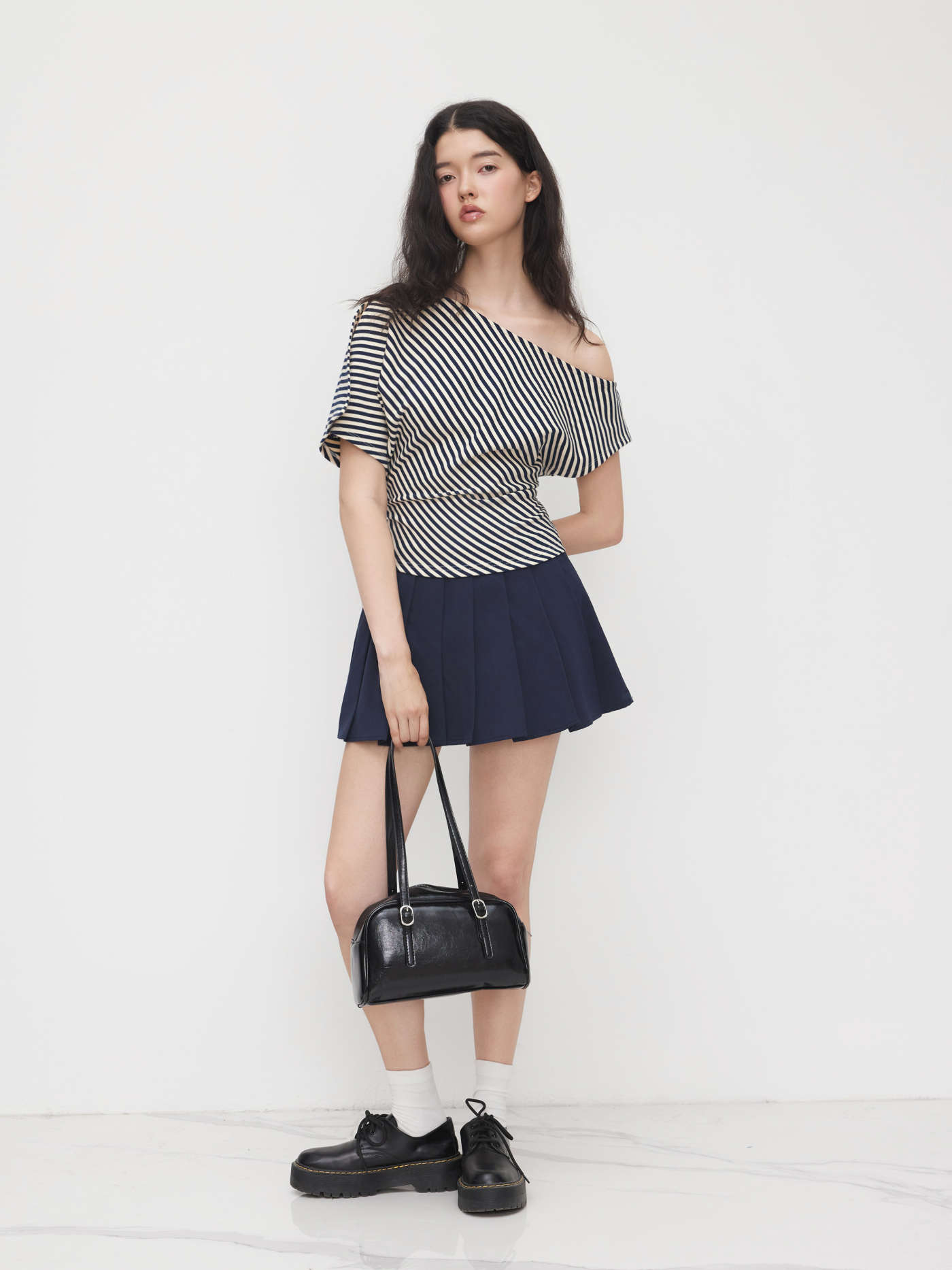 Jersey Jersey Asymmetrical Neck Stripe Ruched Tee For Daily Casual