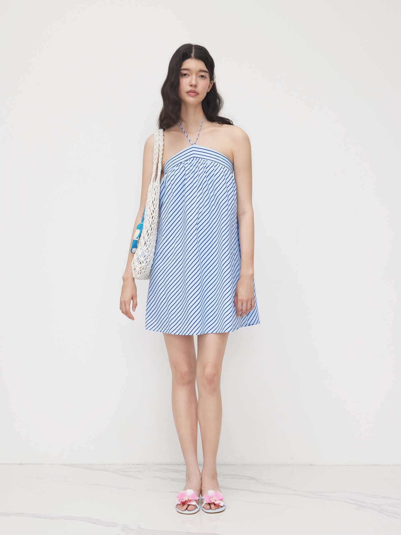 Cotton-blend Halter Neckline Stripe Mini Dress