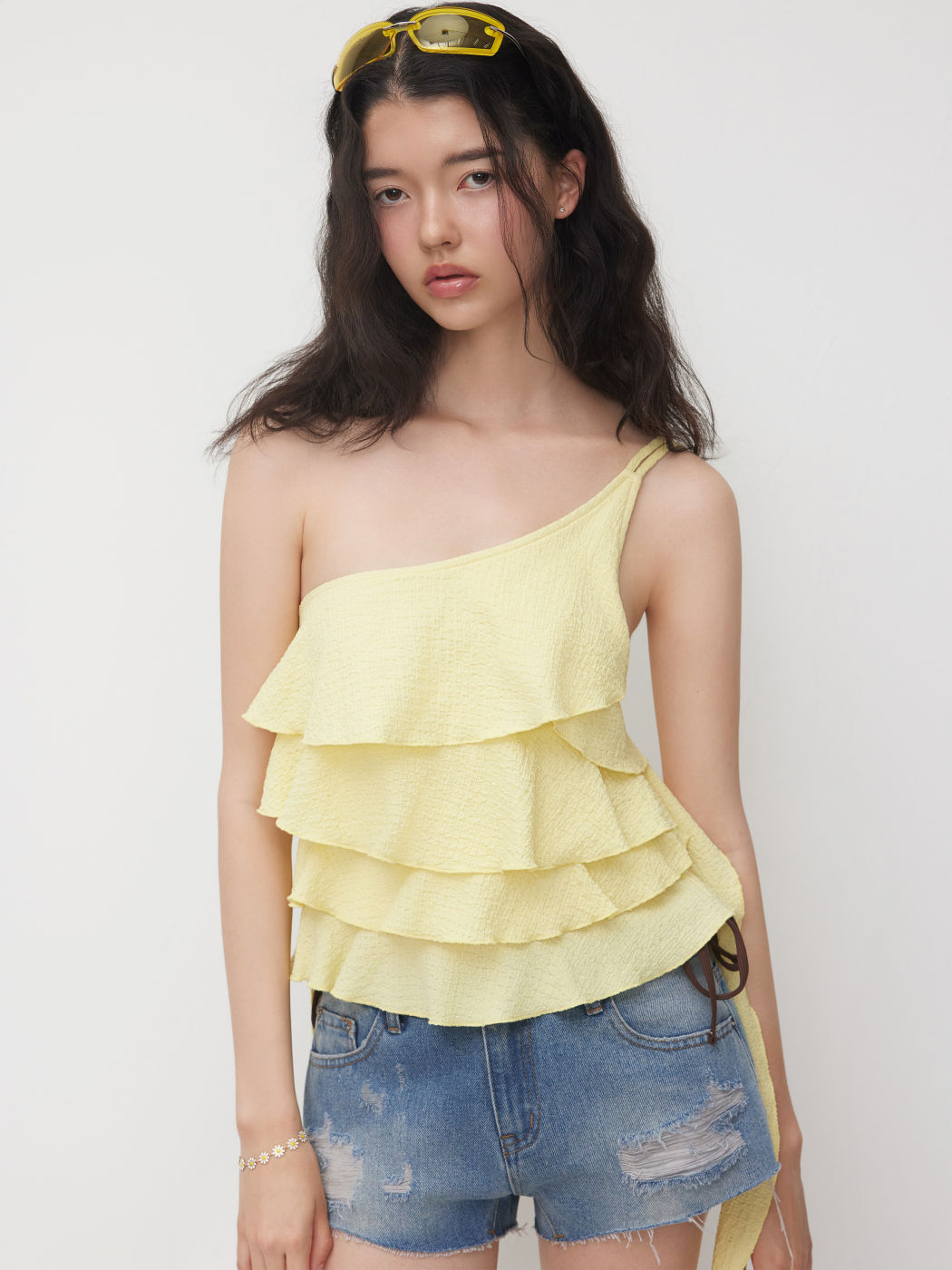 Asymmetrical Neck Ruffle Hem Layered Blouse