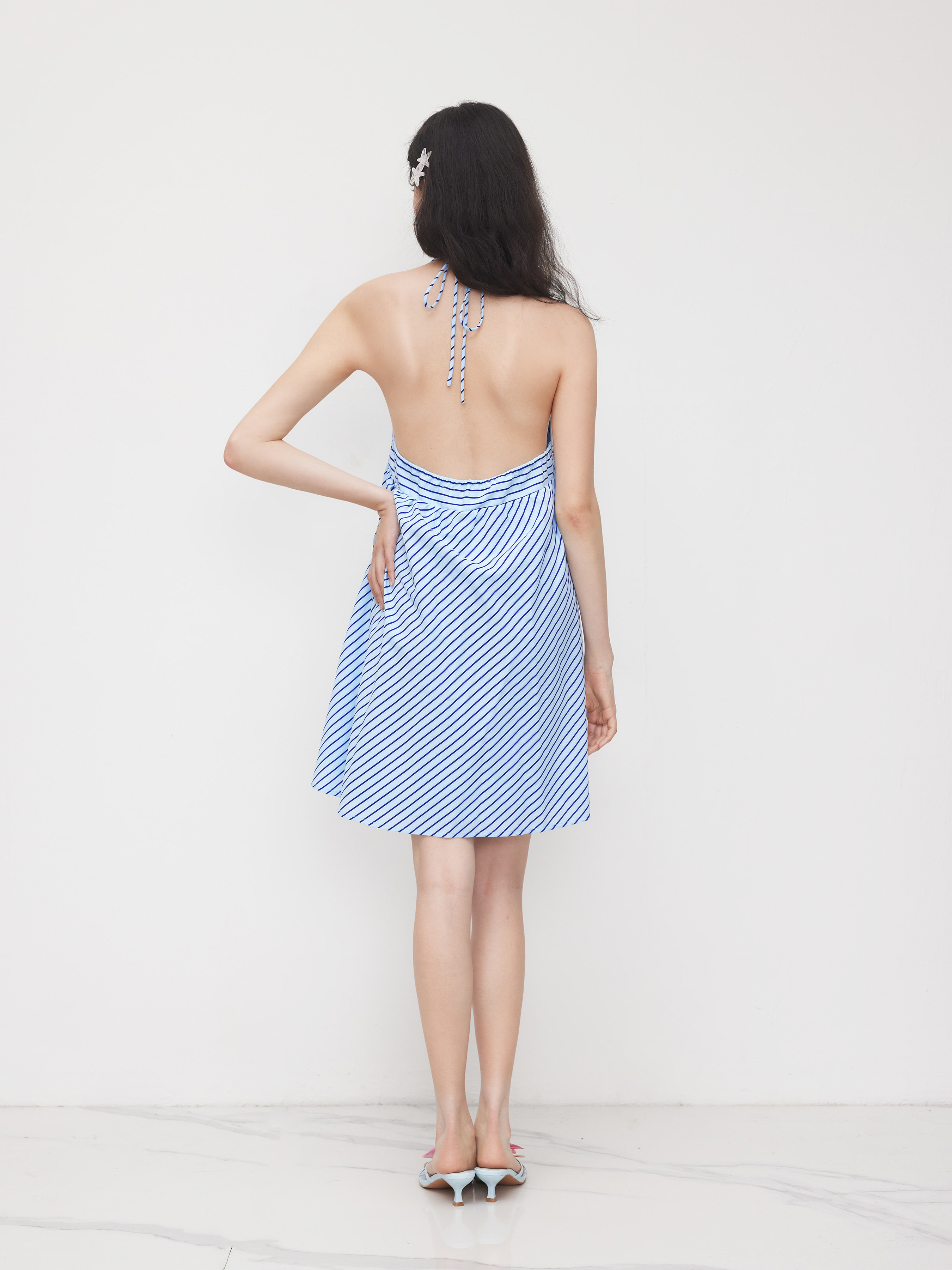 Cotton-blend Halter Neckline Stripe Mini Dress