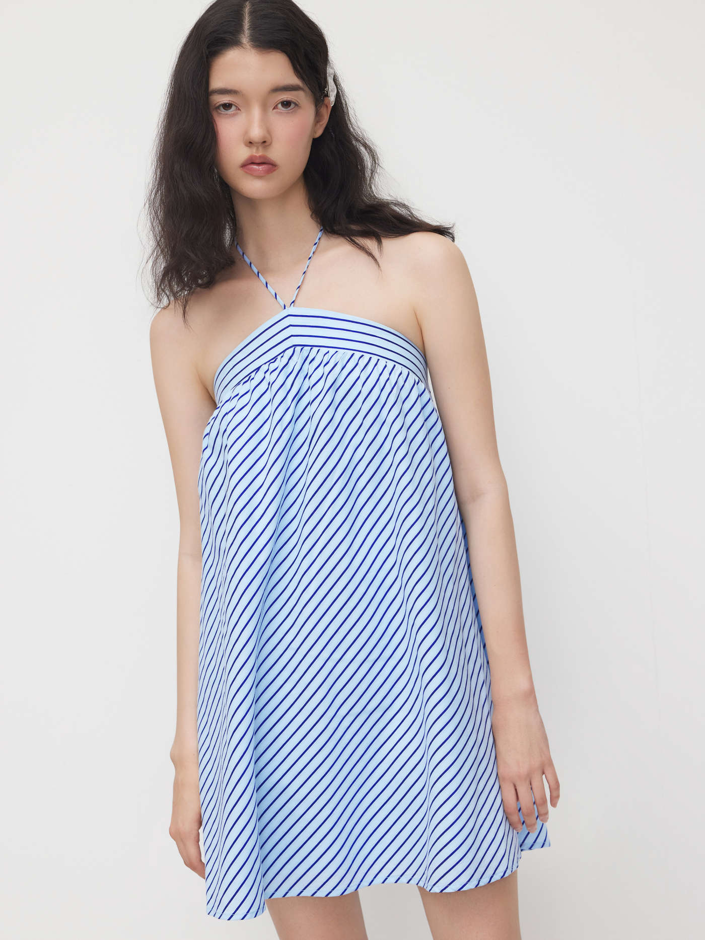 Cotton-blend Halter Neckline Stripe Mini Dress