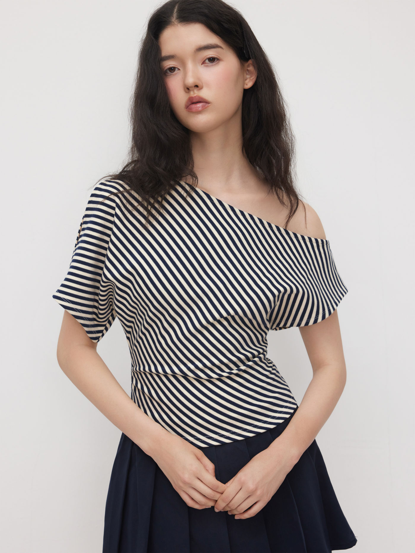 Jersey Asymmetrical Neck Stripe Ruched Tee