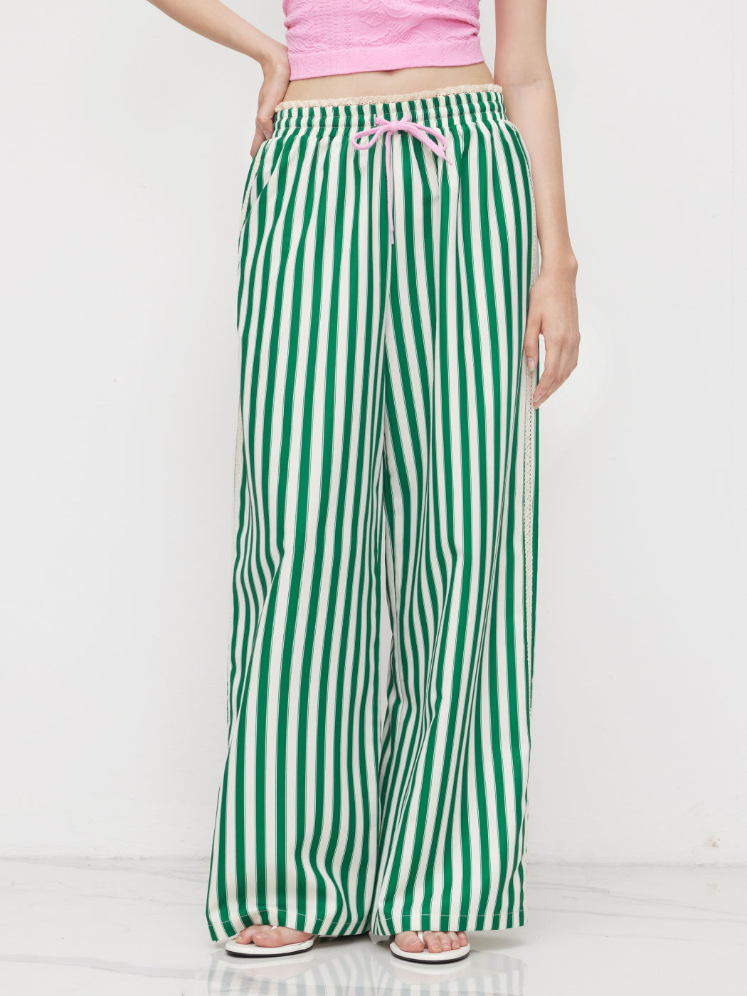 Mid Rise Knottd Stripe Elastic Waist Wide Leg Trousers