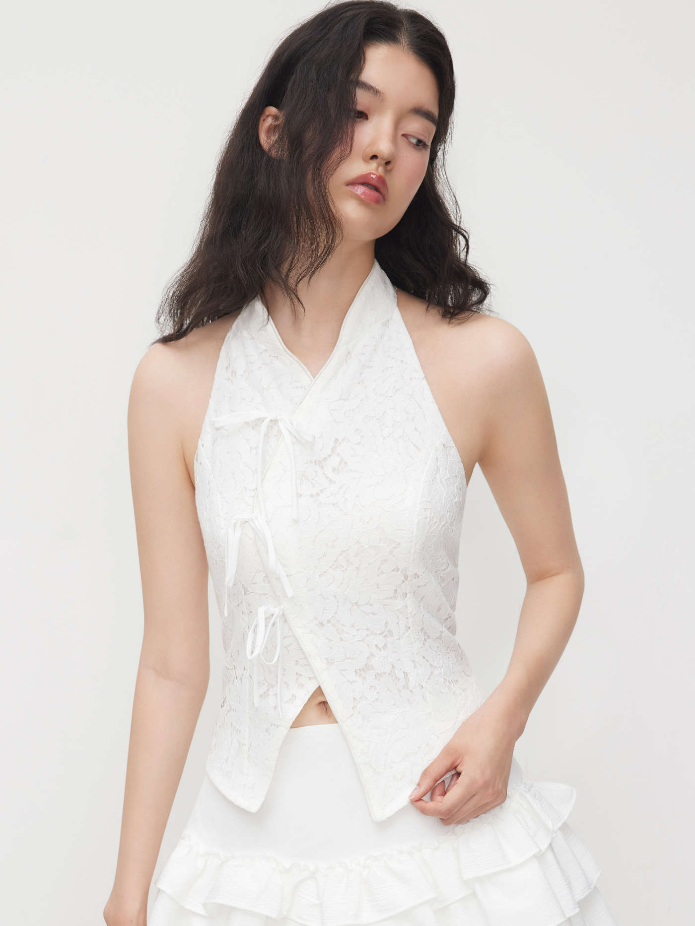 Lace Mandarin Collar Bowknot Split Tank Top