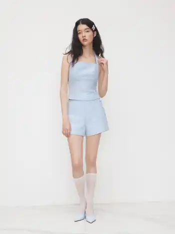 Linen-blend Halter Neckline Houndstooth Knotted Tank Top