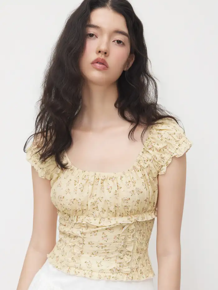 100% Cotton Floral Lettuce Trim Shirred Tank Top