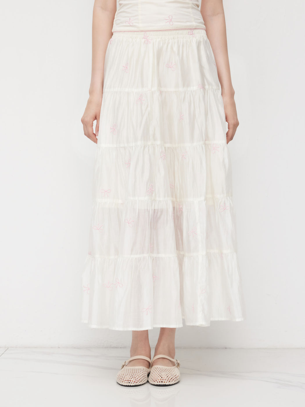 Gonna Maxi Arricciata con Ricamo Fiocco e Vita Elastica Media