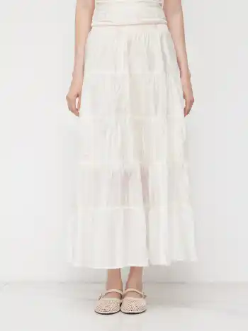 Mid Rise Elastic Waist Bowknot Embroidery Ruffle Maxi Skirt