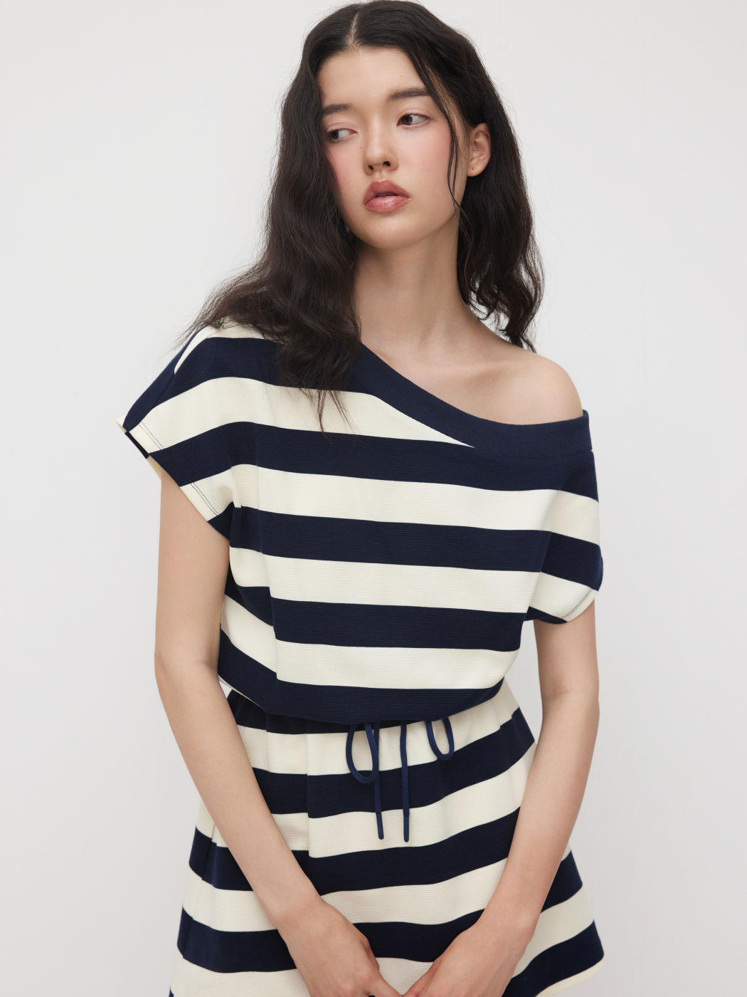 Cotton-blend Asymmetrical Neck Drawstring Stripe Mini Dress