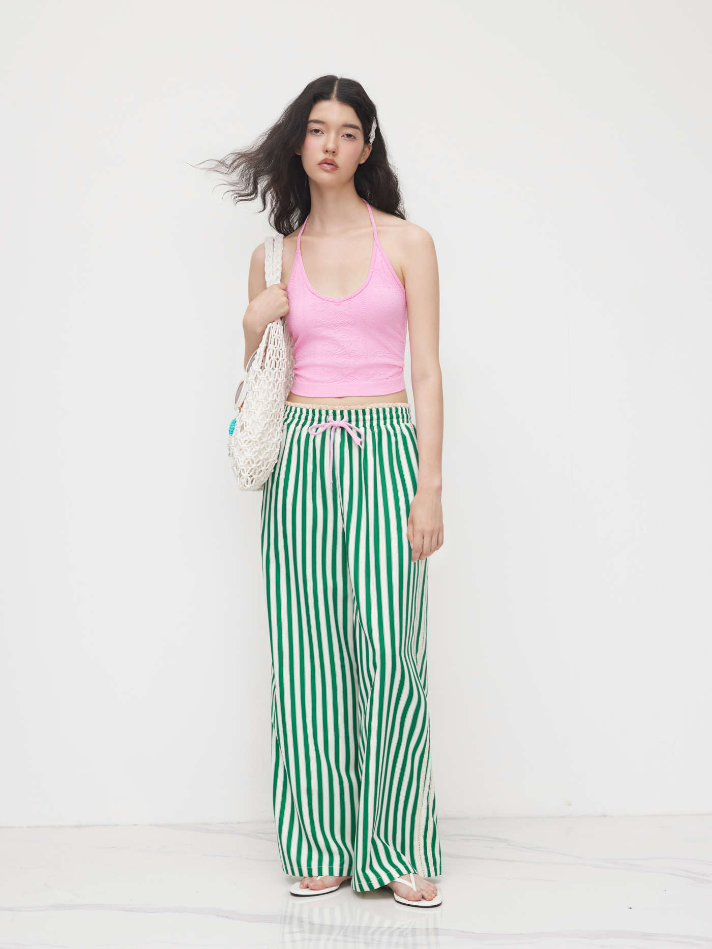 Mid Rise Knottd Stripe Elastic Waist Wide Leg Trousers