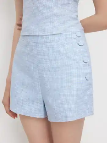 Linen-blend Mid Rise Houndstooth Side Button Shorts