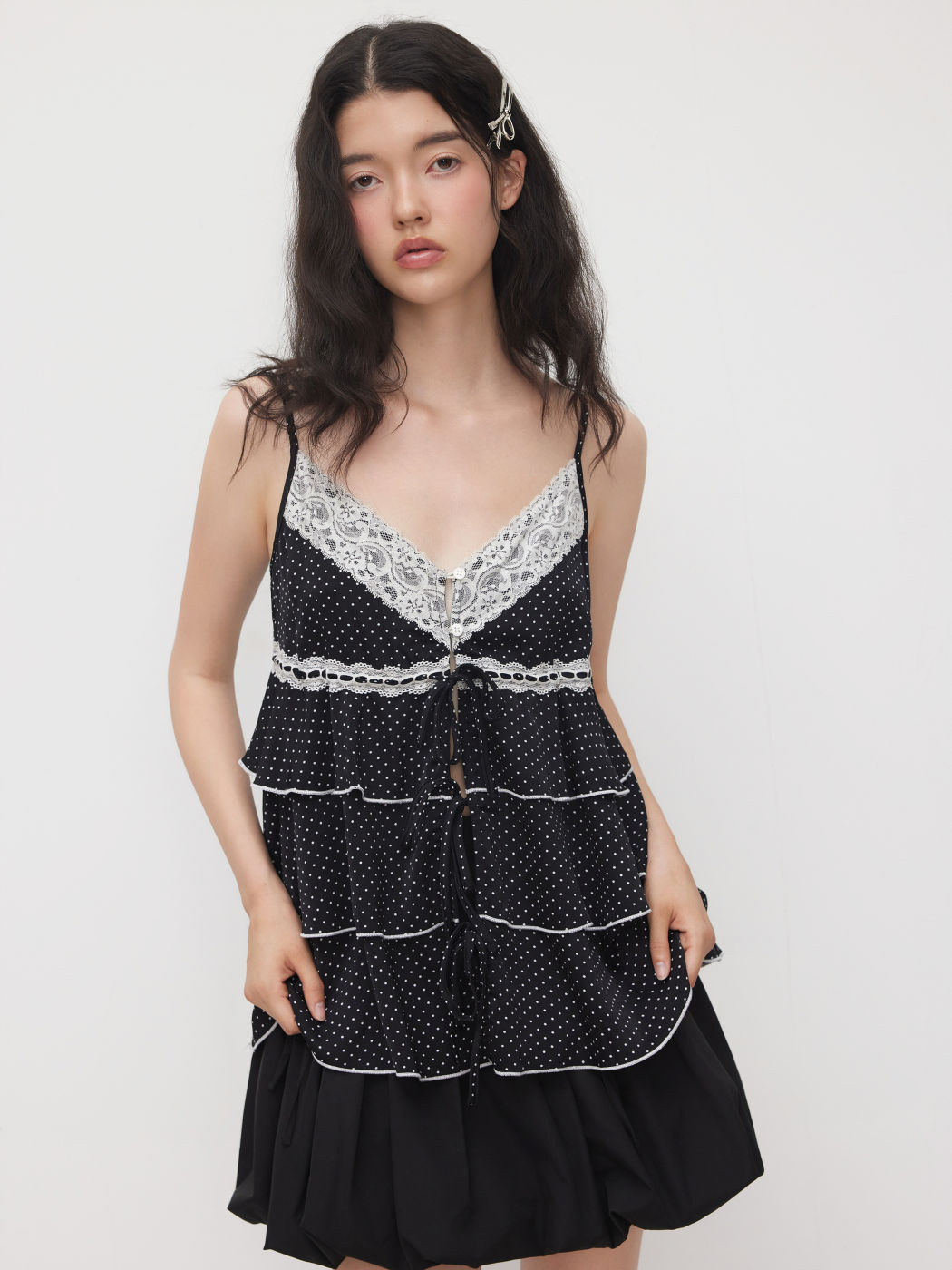 V-neck Polka Dot Ruffle Layered Lace Tie Front Cami Top
