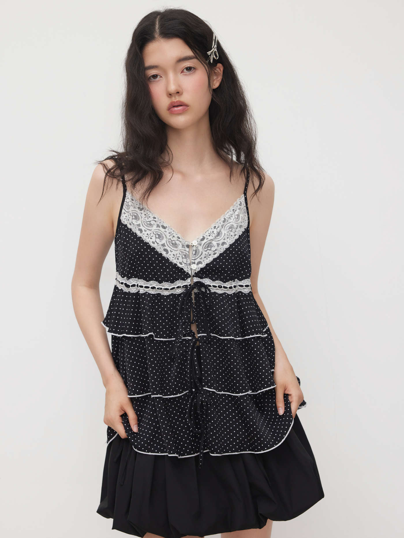 V-neck Polka Dot Ruffle Layered Lace Tie Front Cami Top