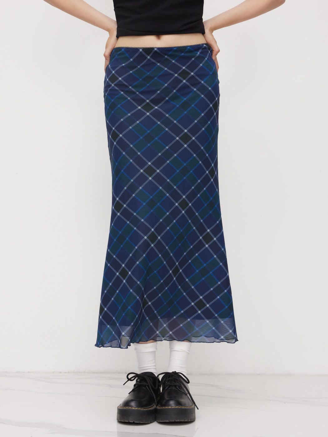 Mesh Mid Rise Check Lettuce Trim Maxi Skirt