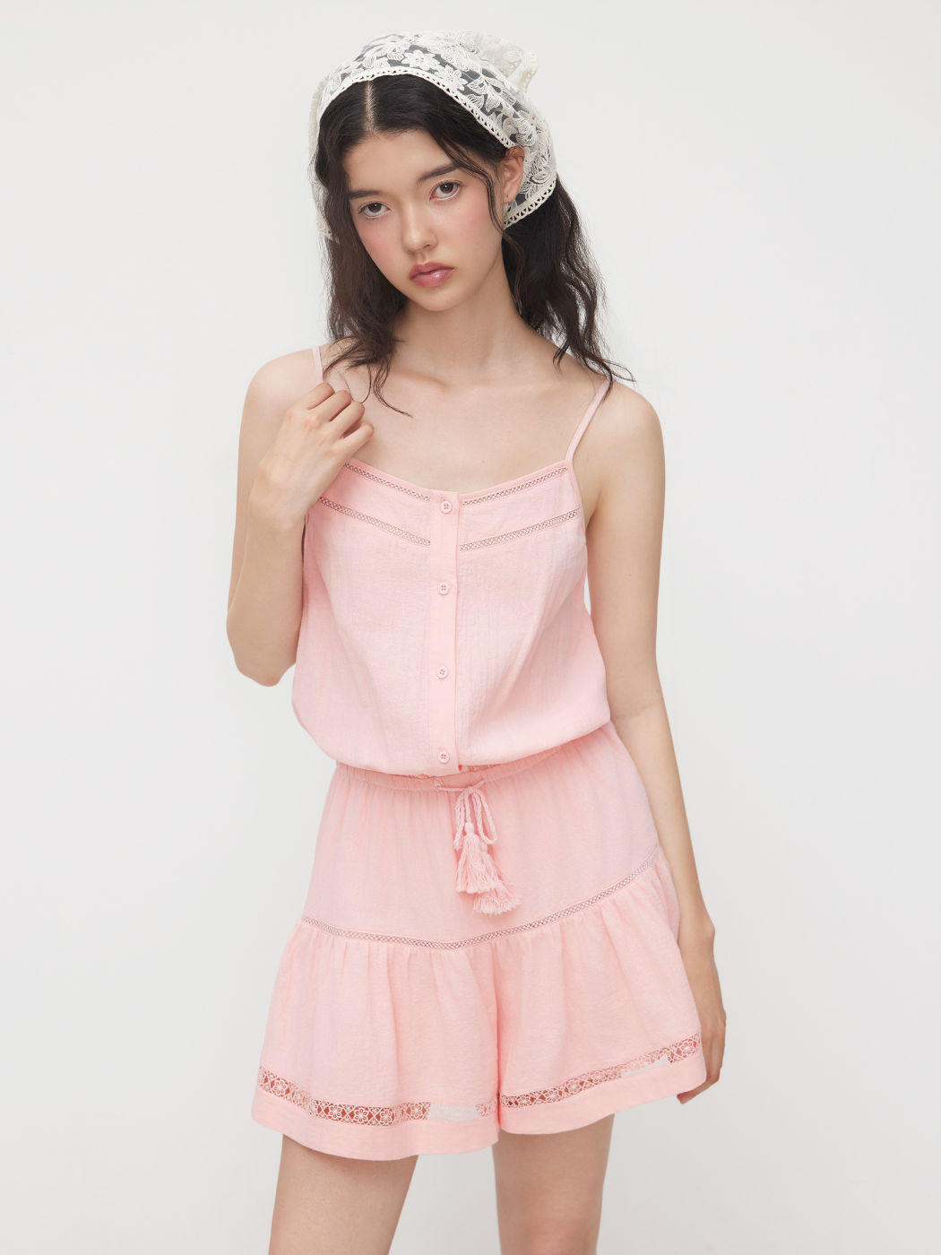 Cotton Scoop Neckline Drawstring Fringe Elastic Waist  Romper
