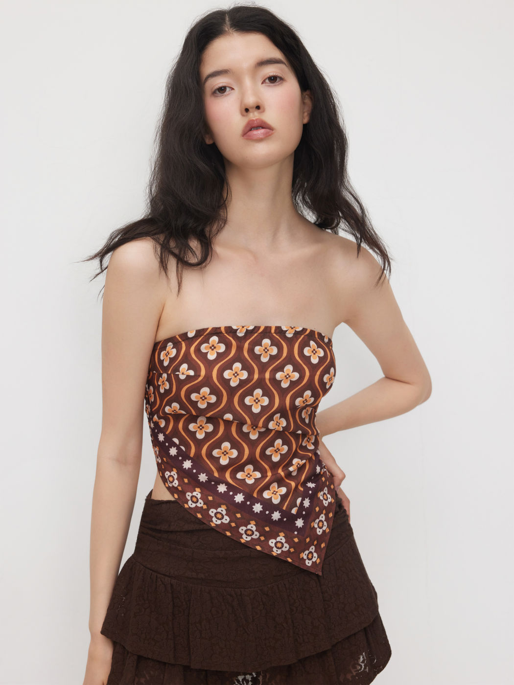 Linen-blend Geometric Shirred Asymmetrical Bandeau Top