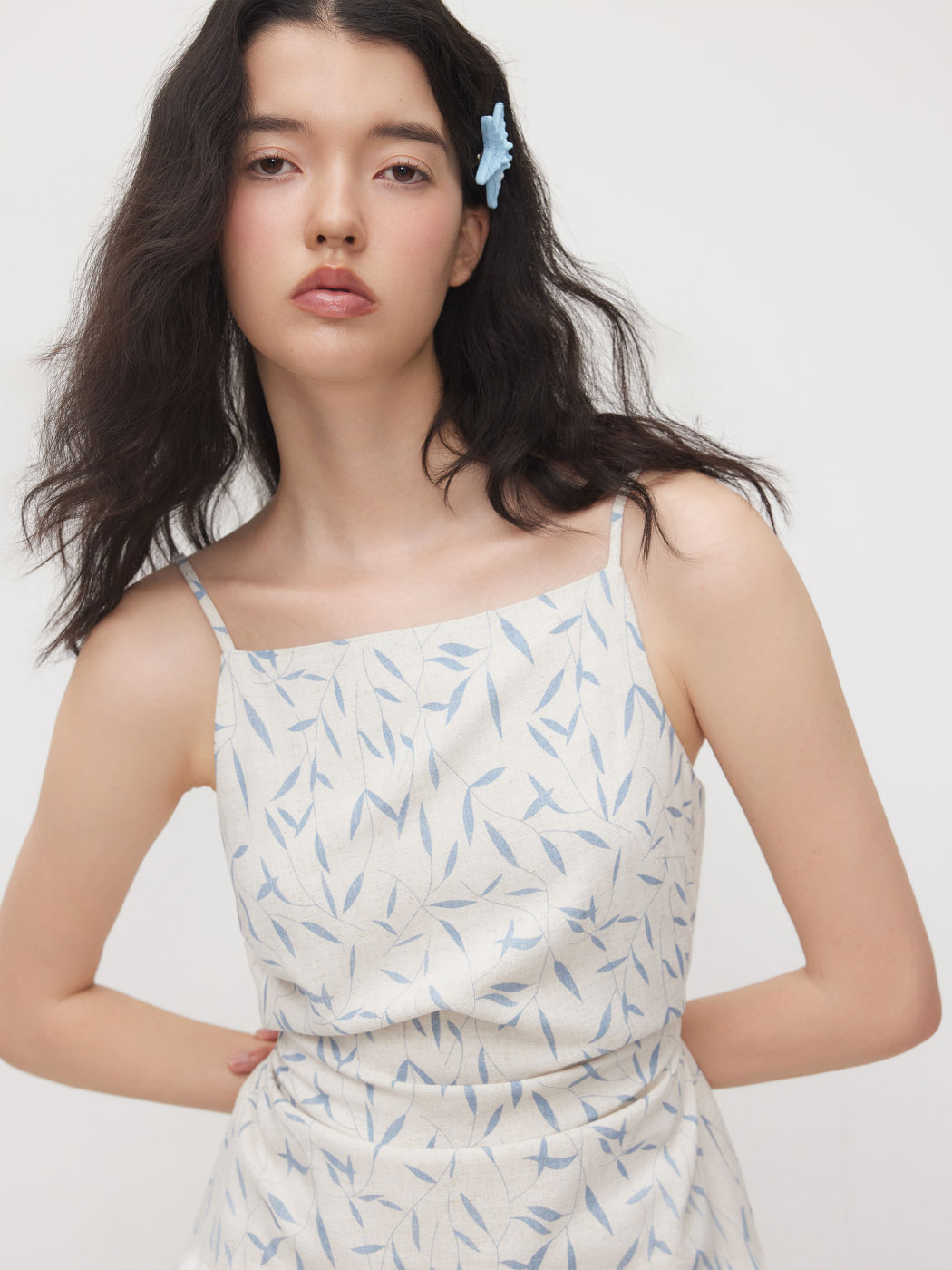 Linen-blend Square Neck Leaf Ruched Cami Top