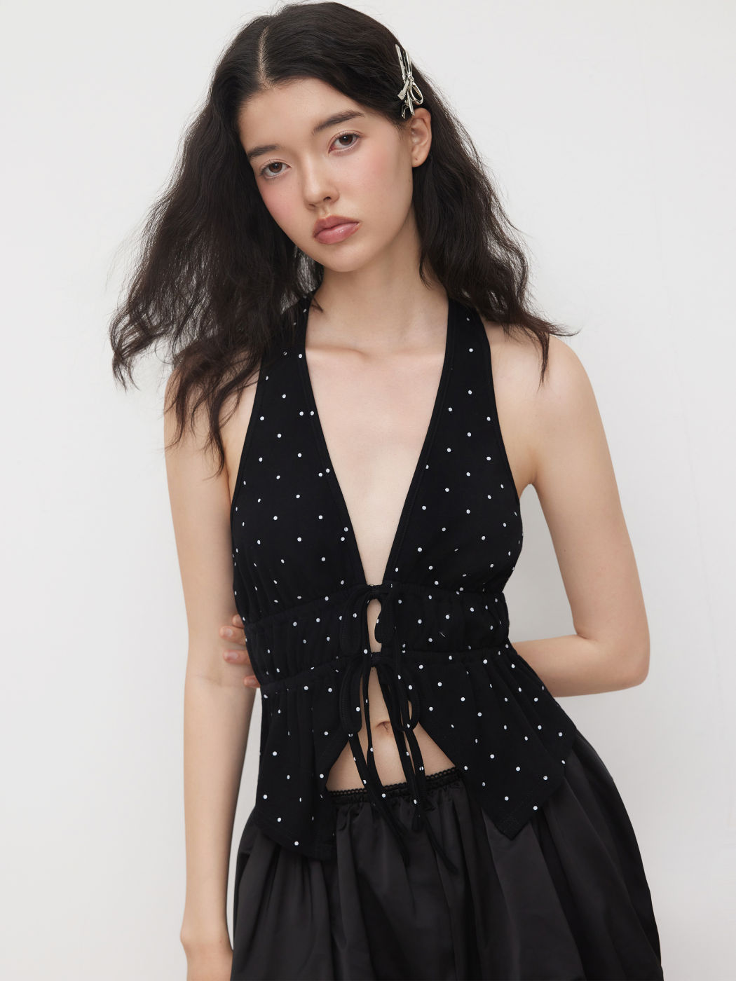 Cotton-blend Halter Neckline Polka Dot Tie Front Cami Top