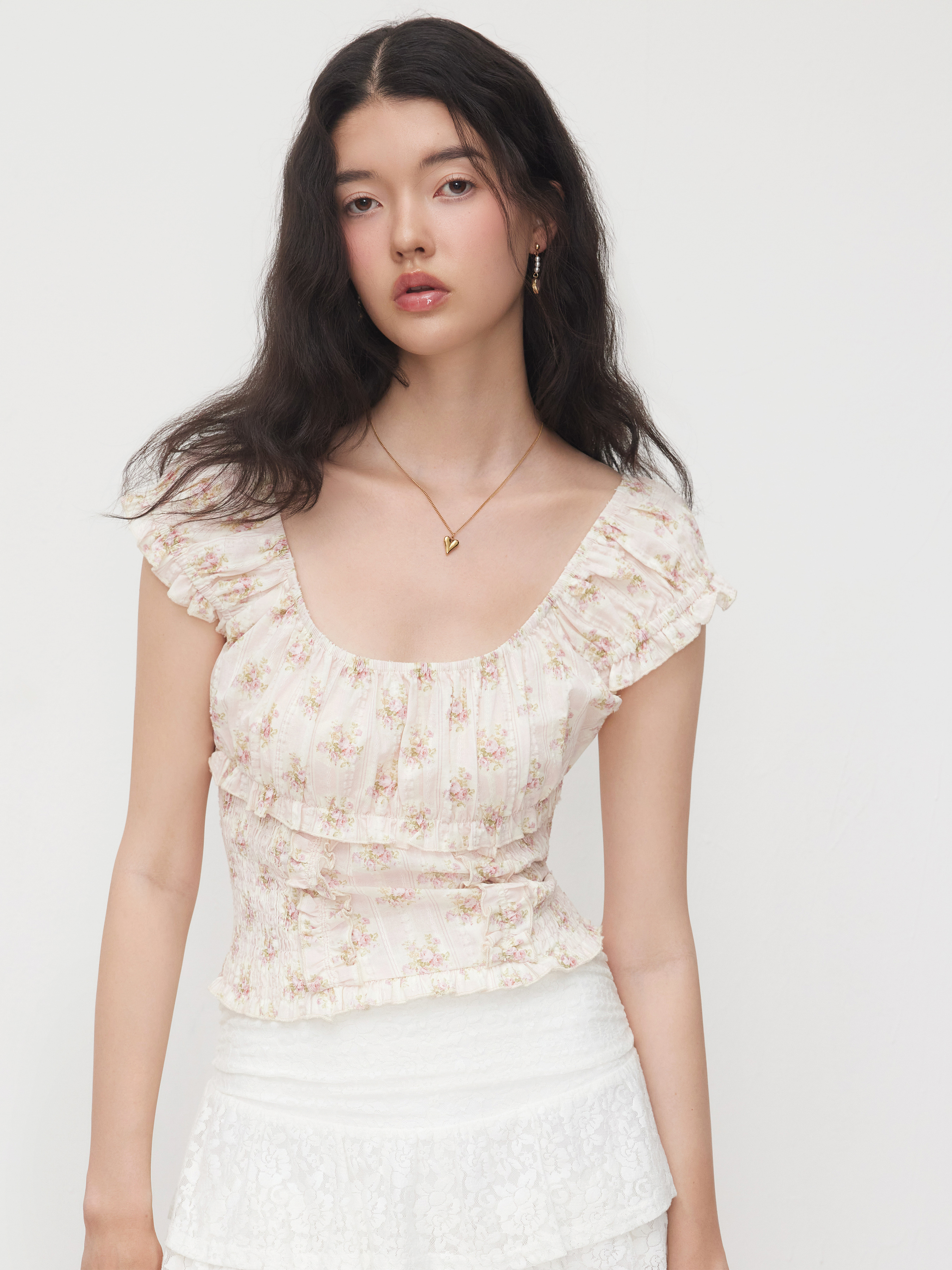 100% Cotton Floral Lettuce Trim Shirred Tank Top