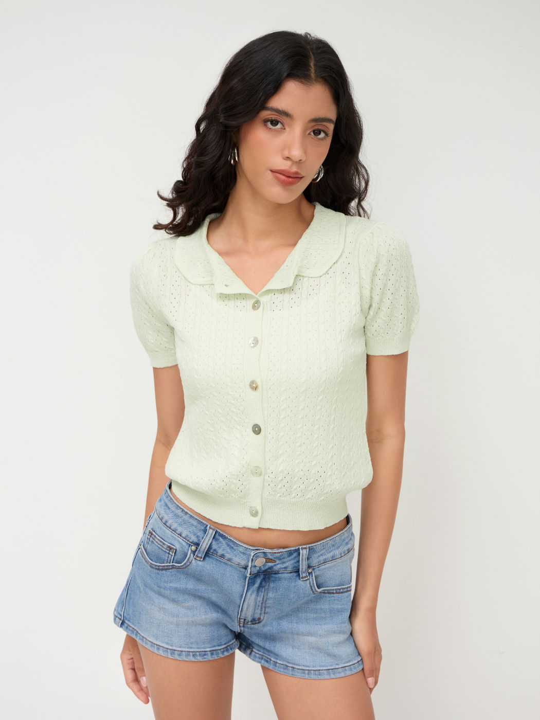 Knit Peter Pan Collar Short Sleeve Top