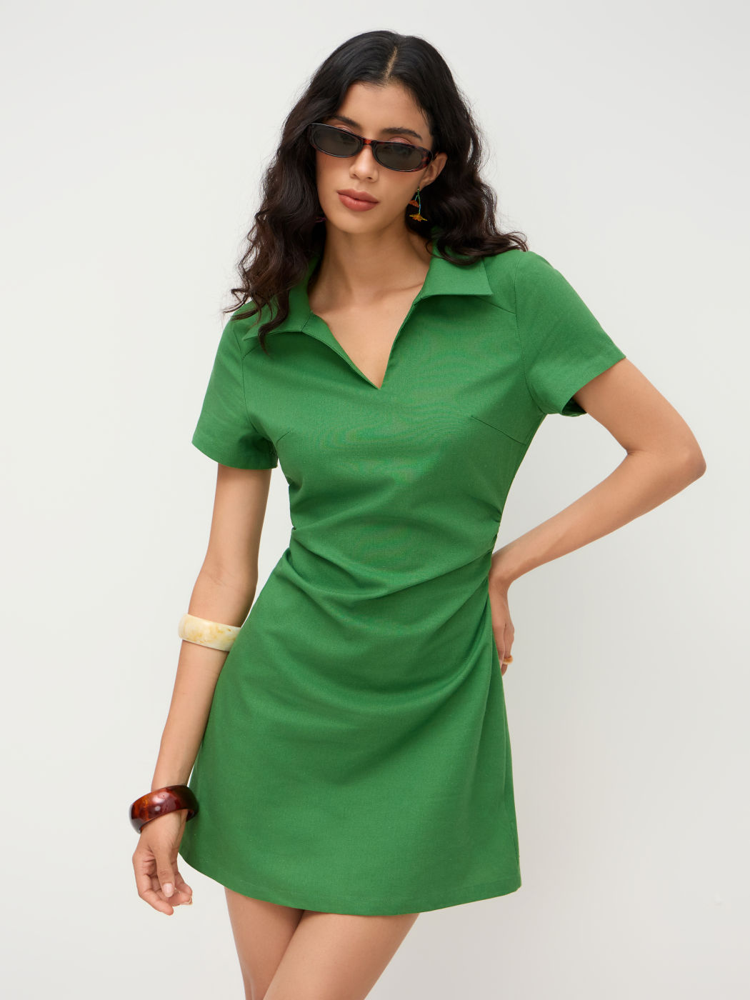 Linen-blend Polo Ruched Mini Dress
