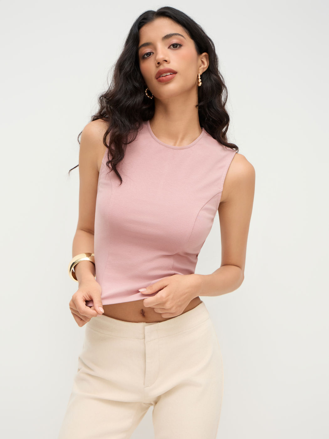 Cotton-blend Round Neckline Corset Tank Top