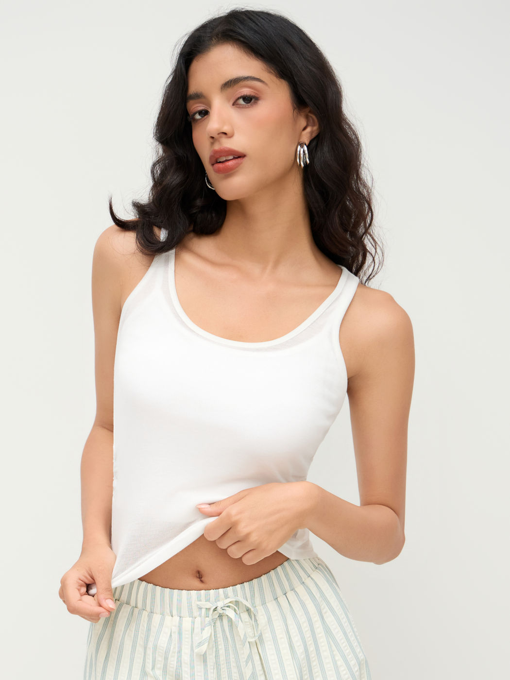 Two Pieces Cotton-blend Ruched Tank Top With Crop Cami Top