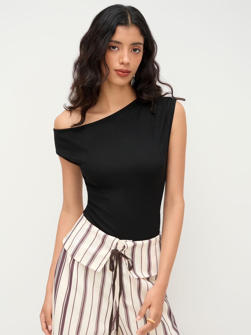 Asymmetrical Neck Ruched Bodysuit