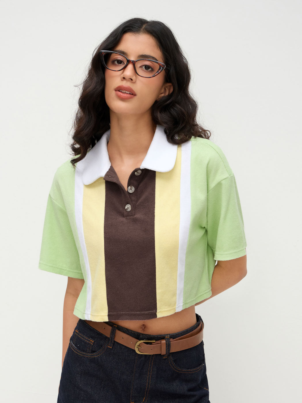 Terry Polo Collar Colorblock Crop Blouse