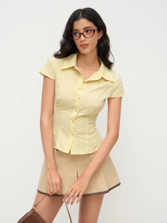 100% Cotton V-neck Check Button Short Sleeve Blouse