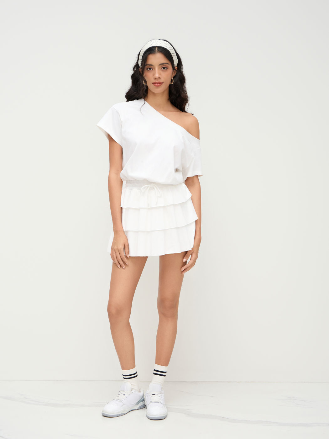 Cotton-blend Asymmetrical Neck Drawstring Ruffle Layered Mini Dress