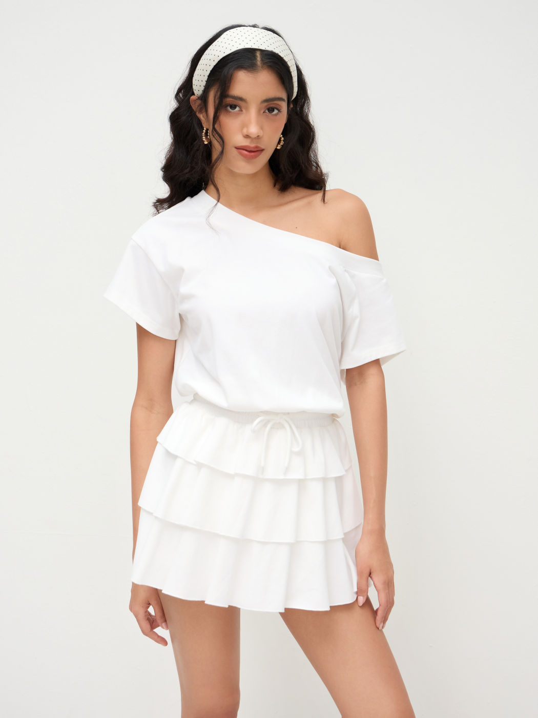 Cotton-blend Asymmetrical Neck Drawstring Ruffle Layered Mini Dress